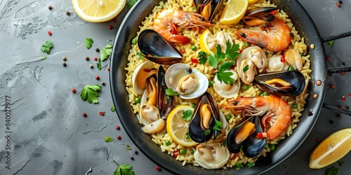 Overhead view of Spanish paella with mussels prawns lemon traditional dish. Concept Spanish Cuisine, Paella Recipe, Seafood Delicacy, Traditional Spanish Dish, Cooking Inspiration