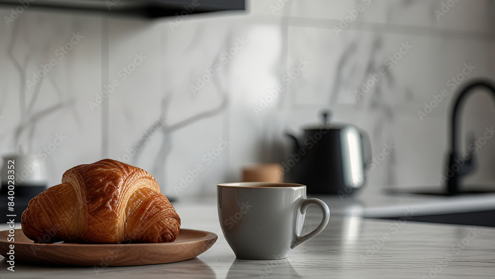 Wooden plate with fresh tasty croissant and cup of coffee or tea on white marble countertop. Blurred modern kitchen interior background. Cozy morning breakfast concept Wooden plate with fresh tasty croissant and cup of coffee or tea on white marble countertop. Blurred modern kitchen interior background. Cozy morning breakfast concept