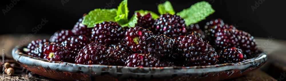 Plump, juicy mulberries halved to reveal their seedy interiors, placed on a ceramic dish with a few mint sprigs for garnish Plump, juicy mulberries halved to reveal their seedy interiors, placed on a ceramic dish with a few mint sprigs for garnish