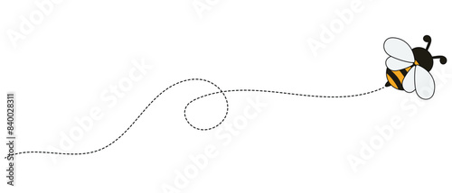 Bee on dotted route, bumblebee fly on dotted line path, white background. Happy bee on dotted route to honey or hive, bee on dot line way for journey travel or delivery logistics. eps 10