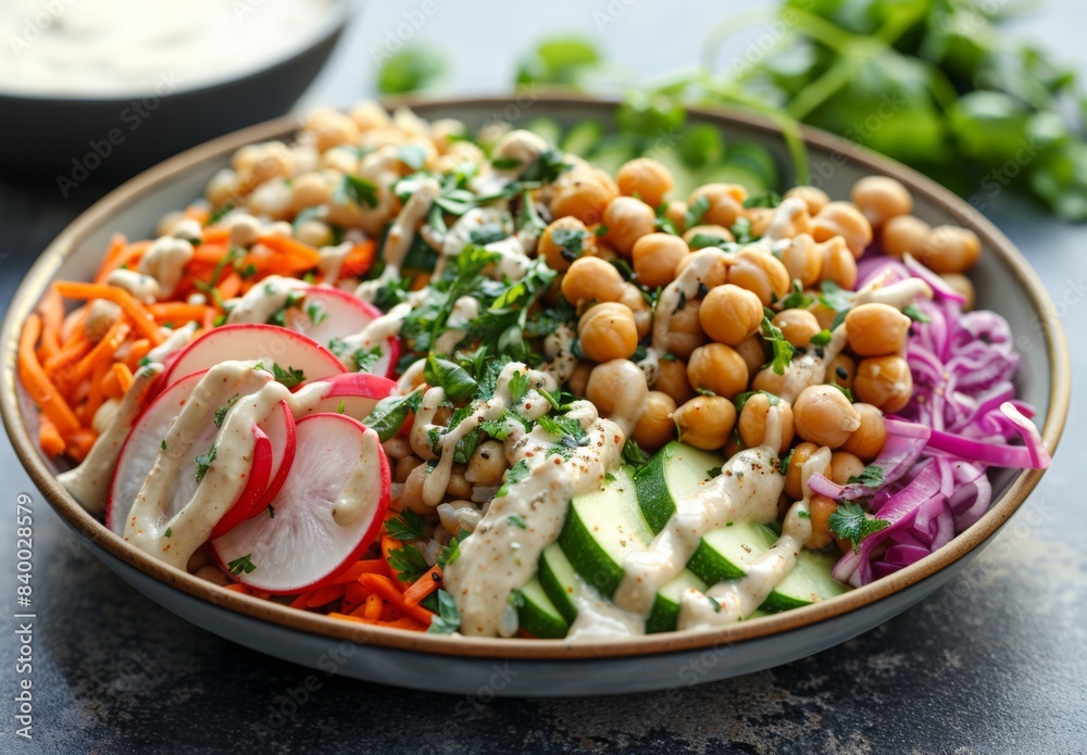 detailed shot of a whole grain Buddha bowl filled with colorful veggies, chickpeas, and a tahini dressing, arranged in a visually appealing manner detailed shot of a whole grain Buddha bowl filled with colorful veggies, chickpeas, and a tahini dressing, arranged in a visually appealing manner