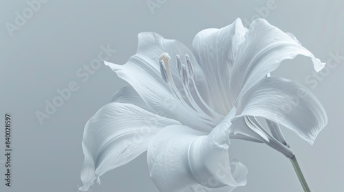 A close-up photo of a lily  its petals pure white and adorned with delicate veins  on a soft grey background.
