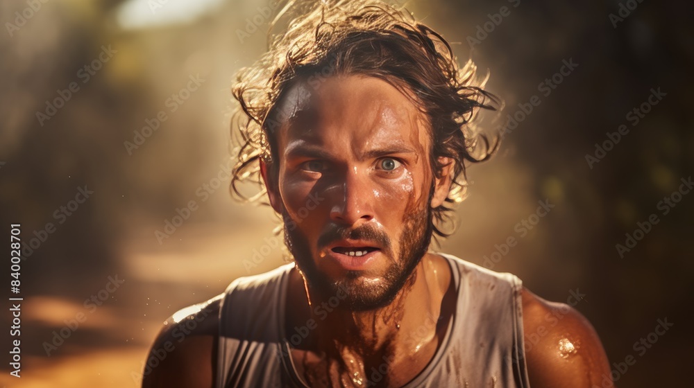 A close-up photo of a man's sweaty forehead and determined eyes as he runs through a sun-dappled trail. A close-up photo of a man's sweaty forehead and determined eyes as he runs through a sun-dappled trail.