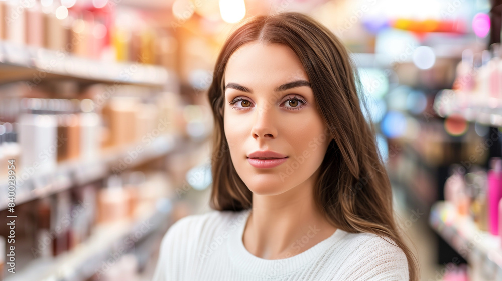 Woman in bright, simple work clothes stands among blurred products, smiling at a client. Ideal for showcasing friendly retail staff. Woman in bright, simple work clothes stands among blurred products, smiling at a client. Ideal for showcasing friendly retail staff.