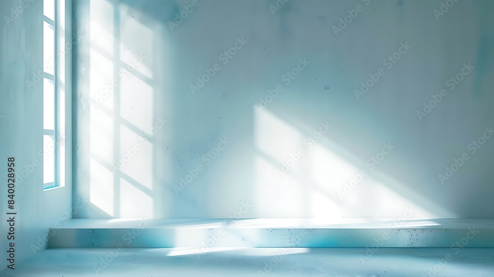 Obraz premium abstract light blue background for product presentation. Shadow and light from windows on plaster wall.