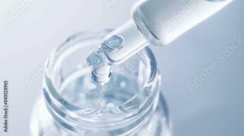 Close-up of pipette dispensing serum into bottle, reflecting skincare essence. Great for cosmetic product advertising.





