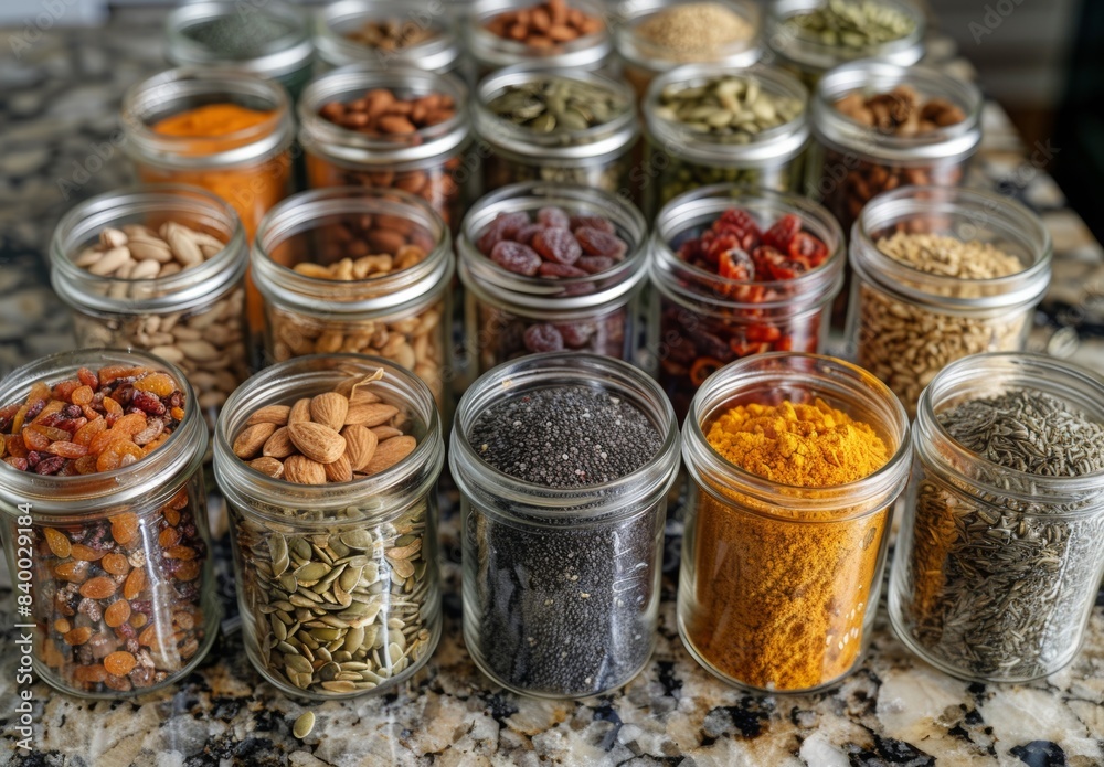 high-angle shot of a kitchen countertop filled with various superfoods, nuts, seeds, and dried fruits, all neatly organized in glass jars high-angle shot of a kitchen countertop filled with various superfoods, nuts, seeds, and dried fruits, all neatly organized in glass jars