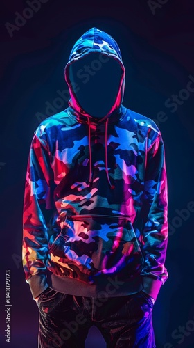 Faceless man in hoodie standing isolated on black, camouflage uniform, neon light, technical IT man, concept of hacker, thief, dark demon, mysterious creature, Halloween character, secret, HD wallpape