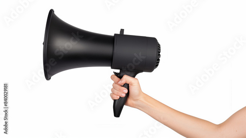 Photo of hand with loudspeaker on white background, symbolizing announcements or public speaking, suitable for event ads.