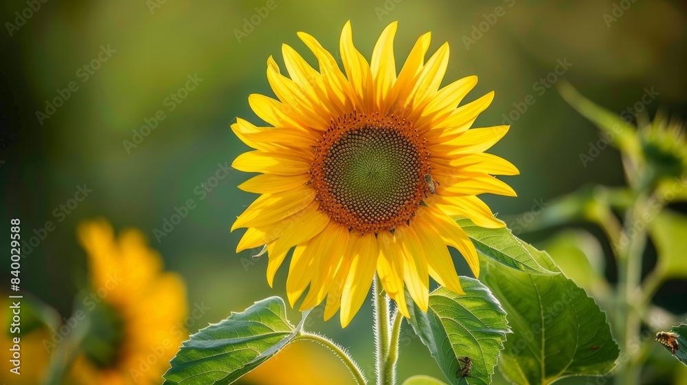 A close-up photo of a sunflower, its golden petals radiating towards the center, with a few tiny bees buzzing around. A close-up photo of a sunflower, its golden petals radiating towards the center, with a few tiny bees buzzing around.