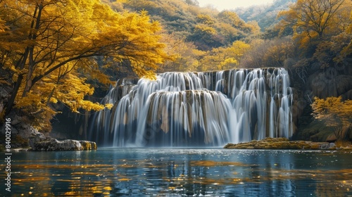 The waterfall falls into the lake, the trees are yellow. Generative AI.