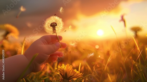 A close-up photorealistic image of a child's hand clutching a dandelion, its seeds being carried away by the gentle breeze as the sun dips below the horizon.