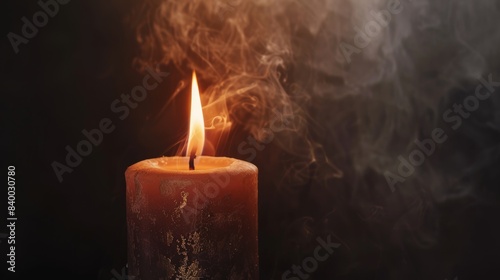 A close-up shot of a burning candle flame against a black background  with realistic flickering and smoke.