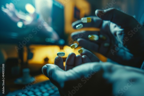 Close-up of blurry hands fumbling with medication, a computer screen out-of-focus in the background