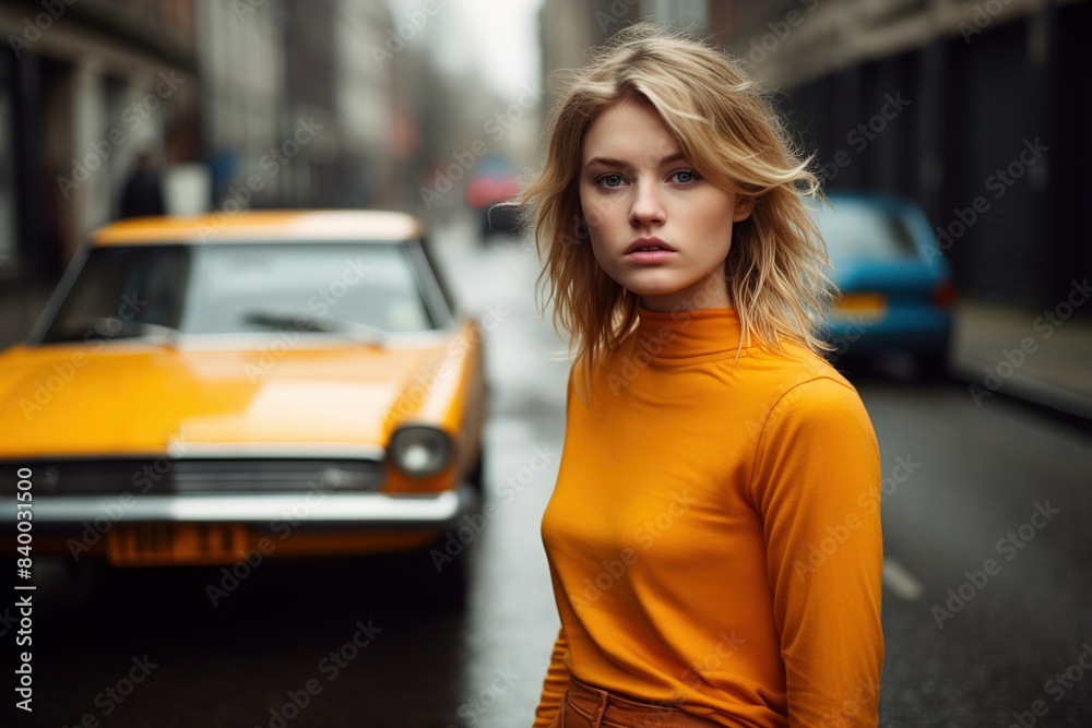 A woman in a yellow shirt stands in front of a yellow car A woman in a yellow shirt stands in front of a yellow car