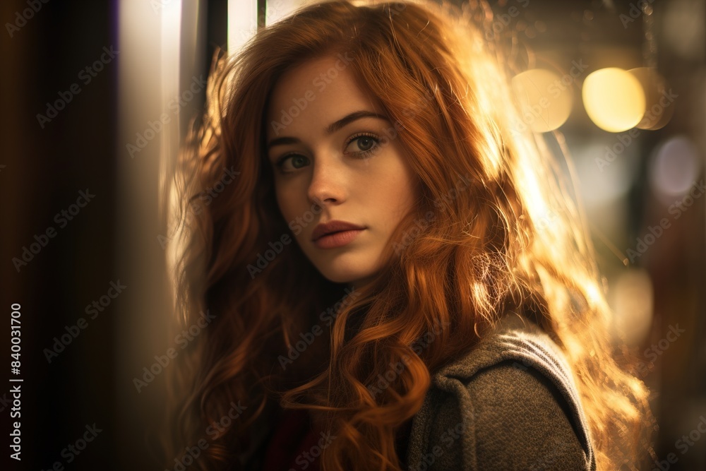 A woman with red hair is standing in front of a window A woman with red hair is standing in front of a window