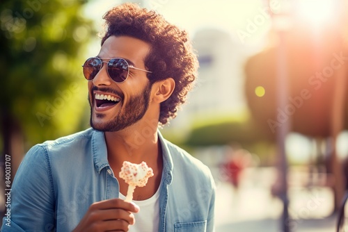 A man with a big smile on his face is holding a cone of ice cream