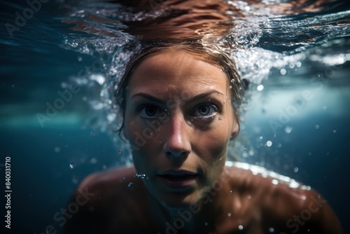 A woman is underwater with her eyes open