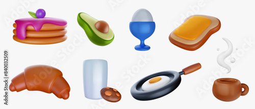 3d render breakfast food elements in minimal cute modern style. Pancake, avocado, egg, toast, sandwich, croissant, milk with cookies, coffee, frying pan. Set bright realistic vector illustration.
