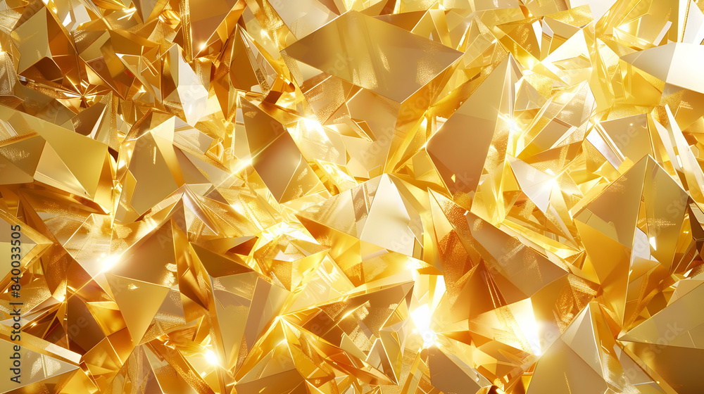 3d render, abstract gold crystal background, faceted texture, macro panorama, wide panoramic polygonal wallpaper