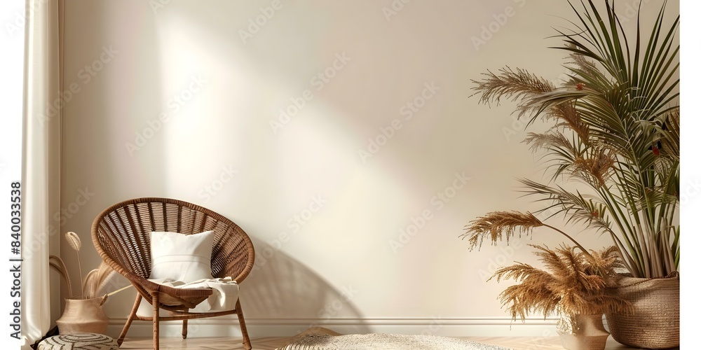 Neutral room with empty wall mockup wicker armchair palm plant boho decor. Concept Neutral Room Decor, Empty Wall Mockup, Wicker Armchair, Palm Plant, Boho Style, Room Inspiration Neutral room with empty wall mockup wicker armchair palm plant boho decor. Concept Neutral Room Decor, Empty Wall Mockup, Wicker Armchair, Palm Plant, Boho Style, Room Inspiration