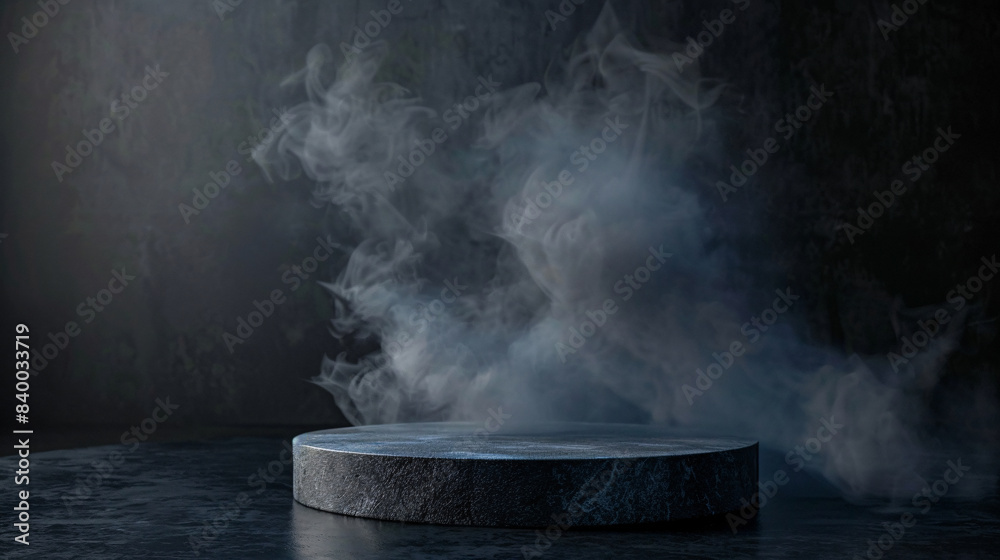 Stone round podium with smoke on dark abstract backdrop Stone round podium with smoke on dark abstract backdrop