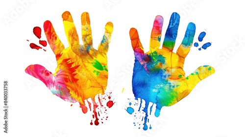 Colorful hand print isolated on transparent white background, clipping path 