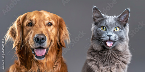 Golden Retriever and Gray Cat Posed Together on a Neutral Background  photo