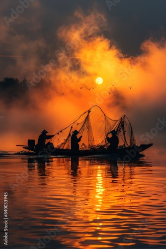 A of fishermen casting their nets from a boat in the early morning