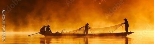 A of fishermen casting their nets from a boat in the early morning