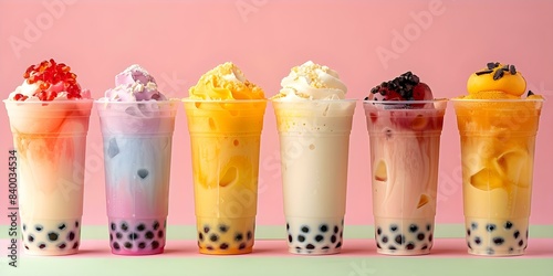 Assorted bubble milk teas in plastic cups arranged neatly on pastel backdrop. Concept Bubble Tea, Beverages, Refreshing Drinks, Food Styling, Pastel Aesthetics photo