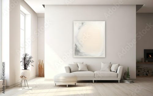 Living room interior design. Minimalistic style art studio space mockup. Huge white framed blank art canvas on large wall in minimal room. Soft day light. Gallery  exhibition  exposure. AI Generative.