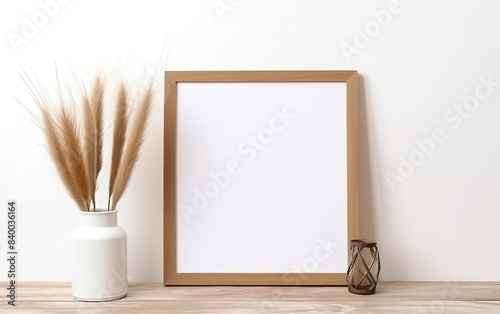 Minimalistic design. Mock up poster frame, vase with dry pampas grass in vase on wooden shelf and white wall background. Natural concept. Clay, glass, paper and wood. AI Generative.