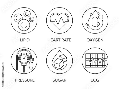 Heart and blood sensors types icons set in thin line