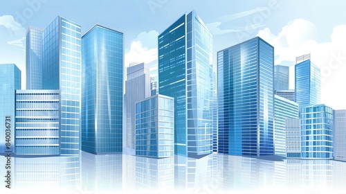 A clean and modern vector illustration of high-rise office buildings with reflective windows, set against a sky with light cloud cover, conveying a professional business environment.