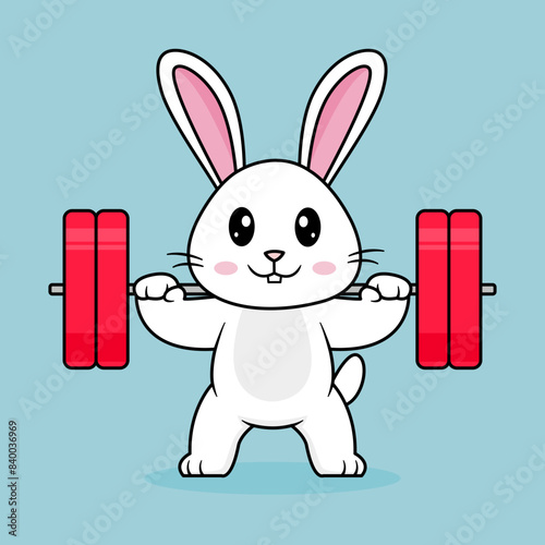 Cute Rabbit Lifting Barbell Funny cartoon Dogs Illustration Animal Sport Isolated Flat Vector