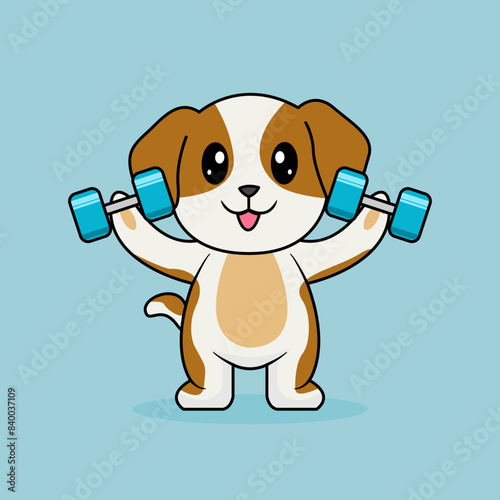 Cute Dog Lifting Barbell. Funny cartoon Dogs. Illustration Animal Sport Isolated Flat Vector.