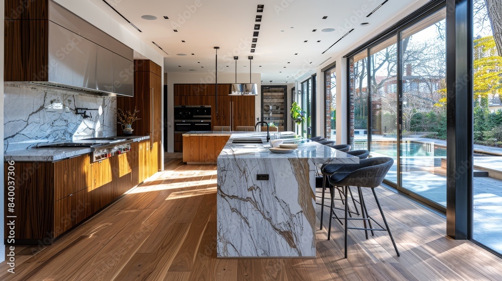 Obraz premium A modern kitchen contains a wooden floor and a marble counter,