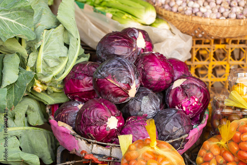 Fresh vegetables on display in a traditional market