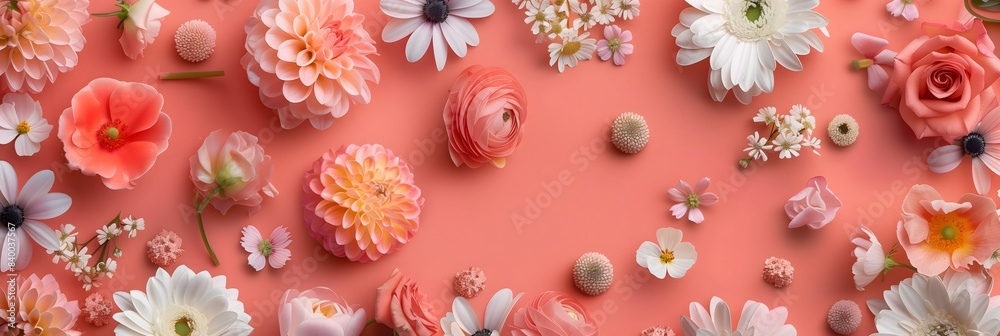 A colorful bouquet of flowers is arranged on a pink background. The flowers are of various sizes and colors, creating a vibrant and lively atmosphere A colorful bouquet of flowers is arranged on a pink background. The flowers are of various sizes and colors, creating a vibrant and lively atmosphere