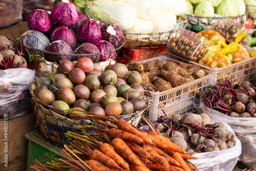 Fresh vegetables on display in a traditional market