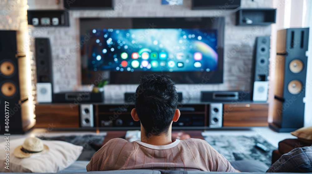 A man installing a large flat-screen TV on the wall in his living room, with home entertainment technology like speakers and consoles visible A man installing a large flat-screen TV on the wall in his living room, with home entertainment technology like speakers and consoles visible