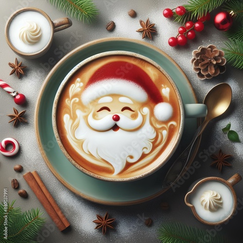 Cup of latte cappuccino coffee with Santa Claus shape art on foam, top view.