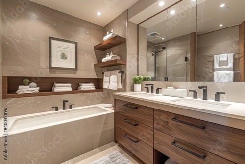 Minimalist Bathroom with Floating Shelves  Bathroom designed with floating shelves and clean lines