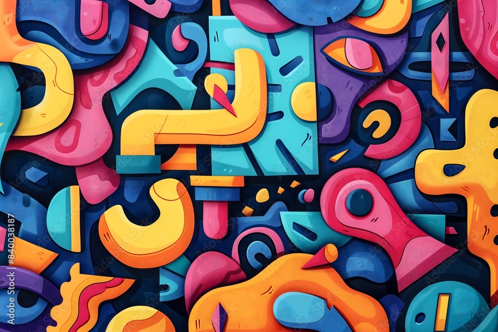Obraz premium A colorful abstract painting with a lot of shapes and numbers. The painting is full of bright colors and has a lot of different shapes. The numbers are scattered throughout the painting
