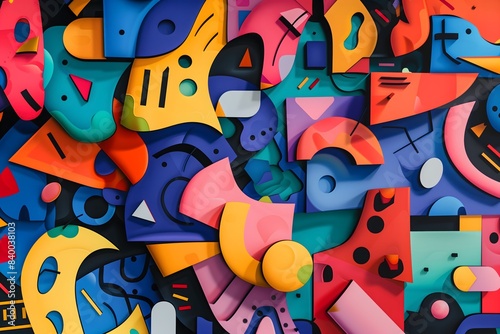 Wallpaper Mural A colorful collage of shapes and letters. The image is a work of art that is made up of various shapes and colors. The shapes are arranged in a way that creates a sense of movement and energy Torontodigital.ca