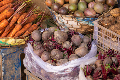 Fresh vegetables on display in a traditional market