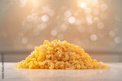 A pile of yellow pasta on a table. The pasta is in the shape of small tubes and is piled up in a heap photo