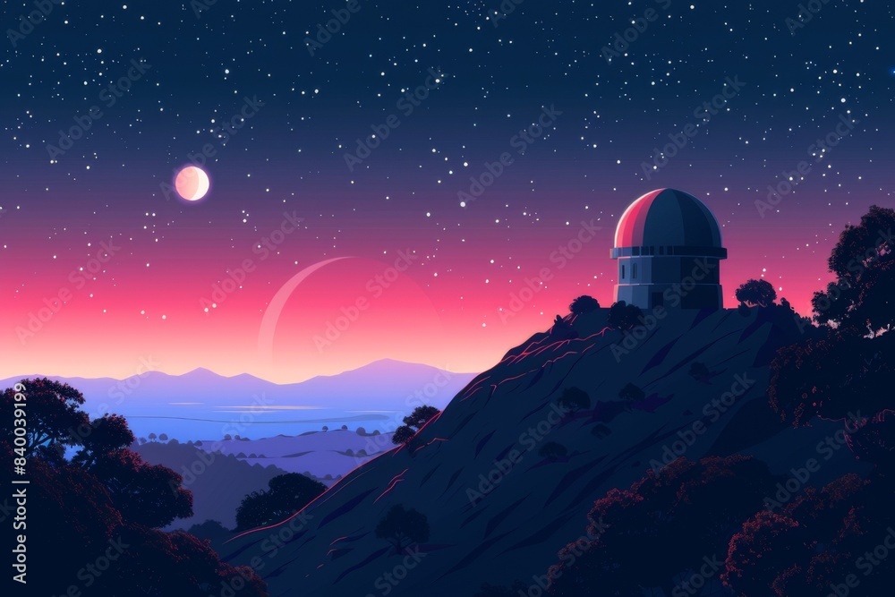 A stylized vector illustration of a mountaintop observatory at sunset under a starry sky with a crescent moon.