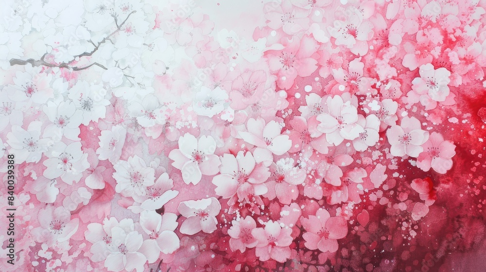 Fototapeta premium Dreamy watercolor rendering of cherry blossoms in shades of pink and white, evoking a sense of springtime --no text, logo, number, watermark --chaos 15 --ar 16:9 